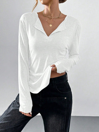 Essnce Loose Fit Curved Hem Long Sleeve T-Shirt, Casual & Relaxed Style For Women