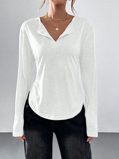 Essnce Loose Fit Curved Hem Long Sleeve T-Shirt, Casual & Relaxed Style For Women