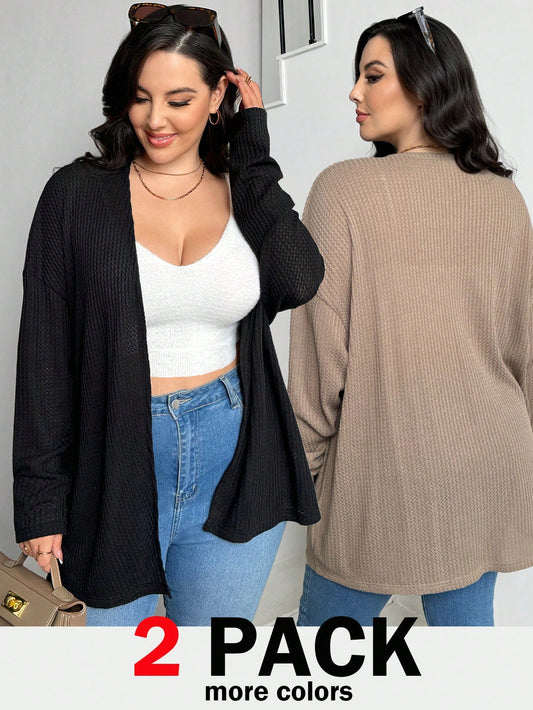 Essnce Plus Size Women's Autumn Casual Elegant Formal Office Airport Evening 2 Packs Waffle Cardigan Sweater Long Sleeves Loose Black Khaki Coats Tops
