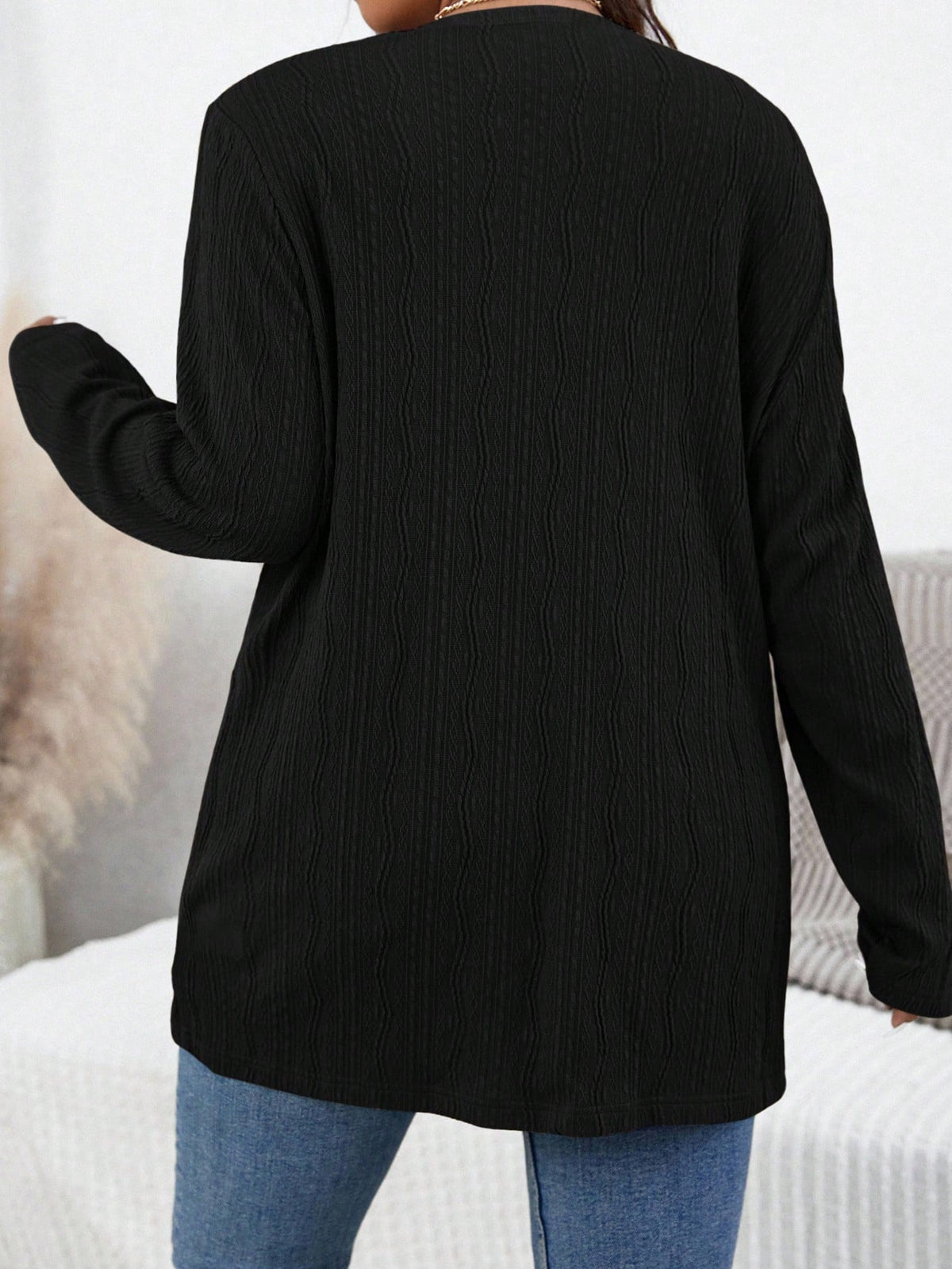 Essnce Plus Size Women's Elegant Jacquard Cardigan Jacket, Long Sleeve, 2 Pockets, Business Casual, Autumn/Winter Fall