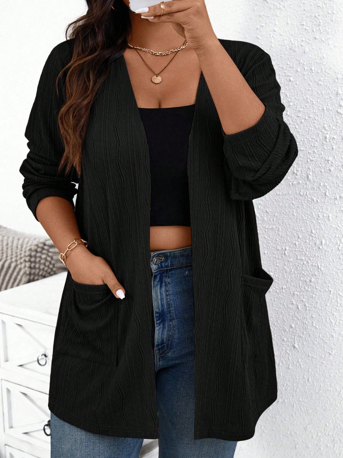 Essnce Plus Size Women's Elegant Jacquard Cardigan Jacket, Long Sleeve, 2 Pockets, Business Casual, Autumn/Winter Fall