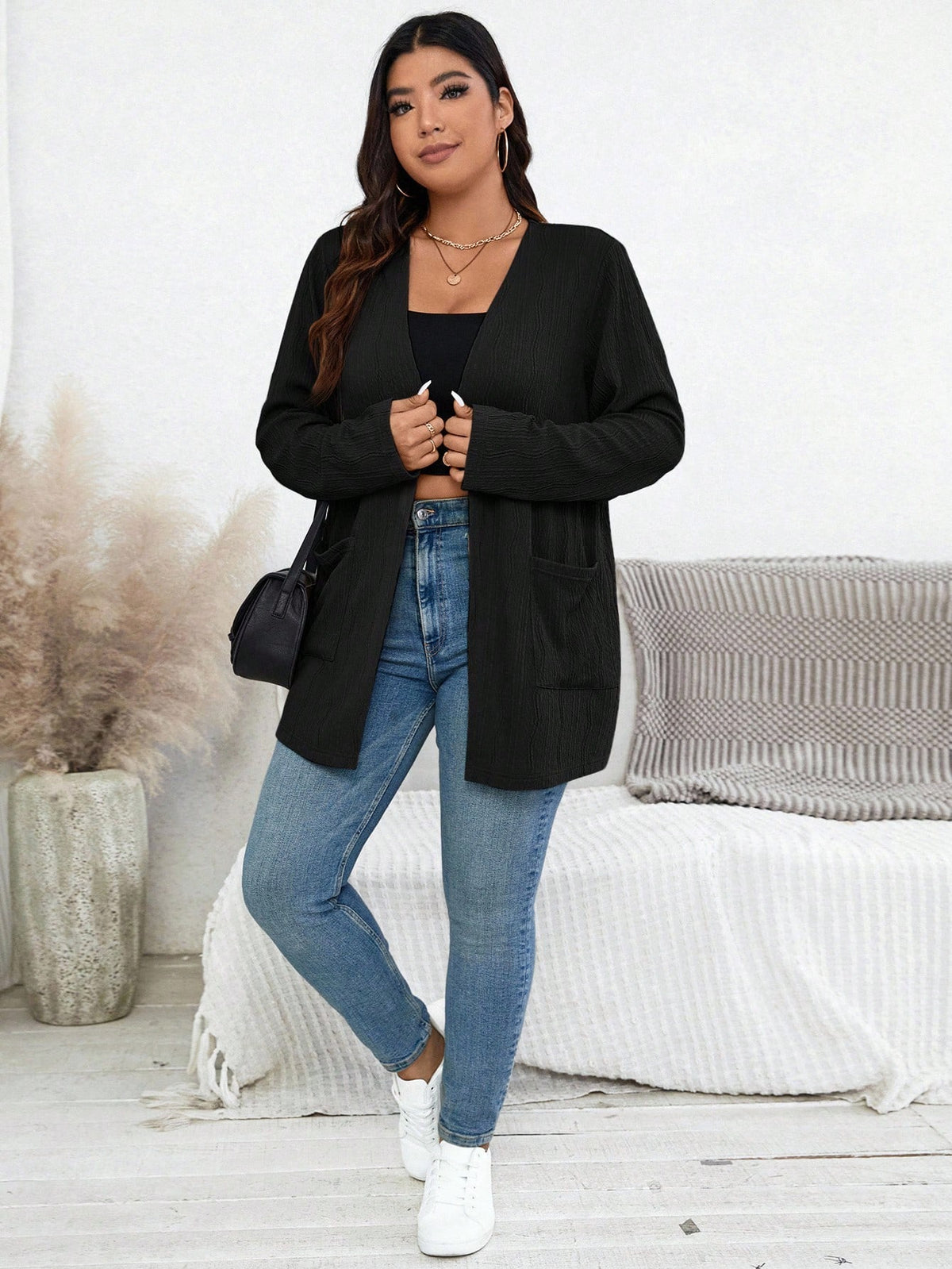 Essnce Plus Size Women's Elegant Jacquard Cardigan Jacket, Long Sleeve, 2 Pockets, Business Casual, Autumn/Winter Fall