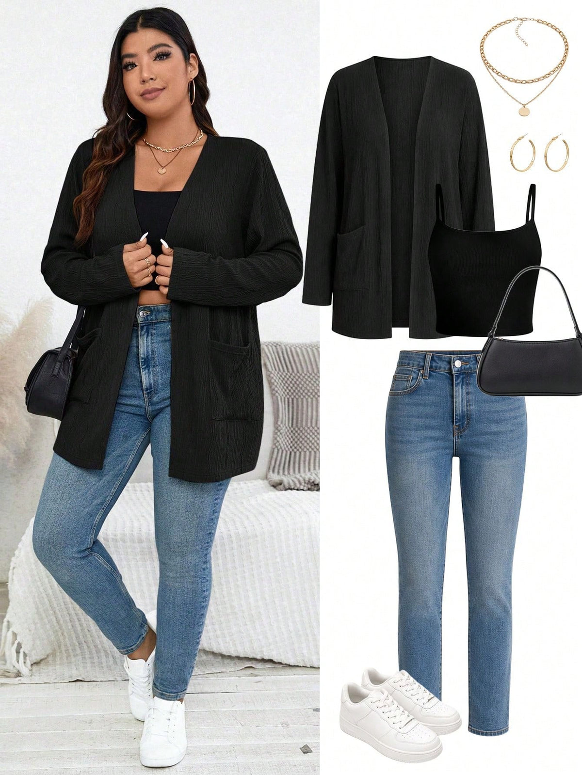 Essnce Plus Size Women's Elegant Jacquard Cardigan Jacket, Long Sleeve, 2 Pockets, Business Casual, Autumn/Winter Fall
