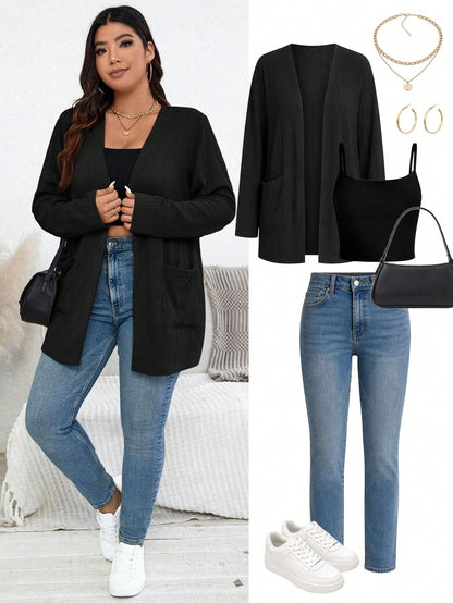 Essnce Plus Size Women's Elegant Jacquard Cardigan Jacket, Long Sleeve, 2 Pockets, Business Casual, Autumn/Winter Fall