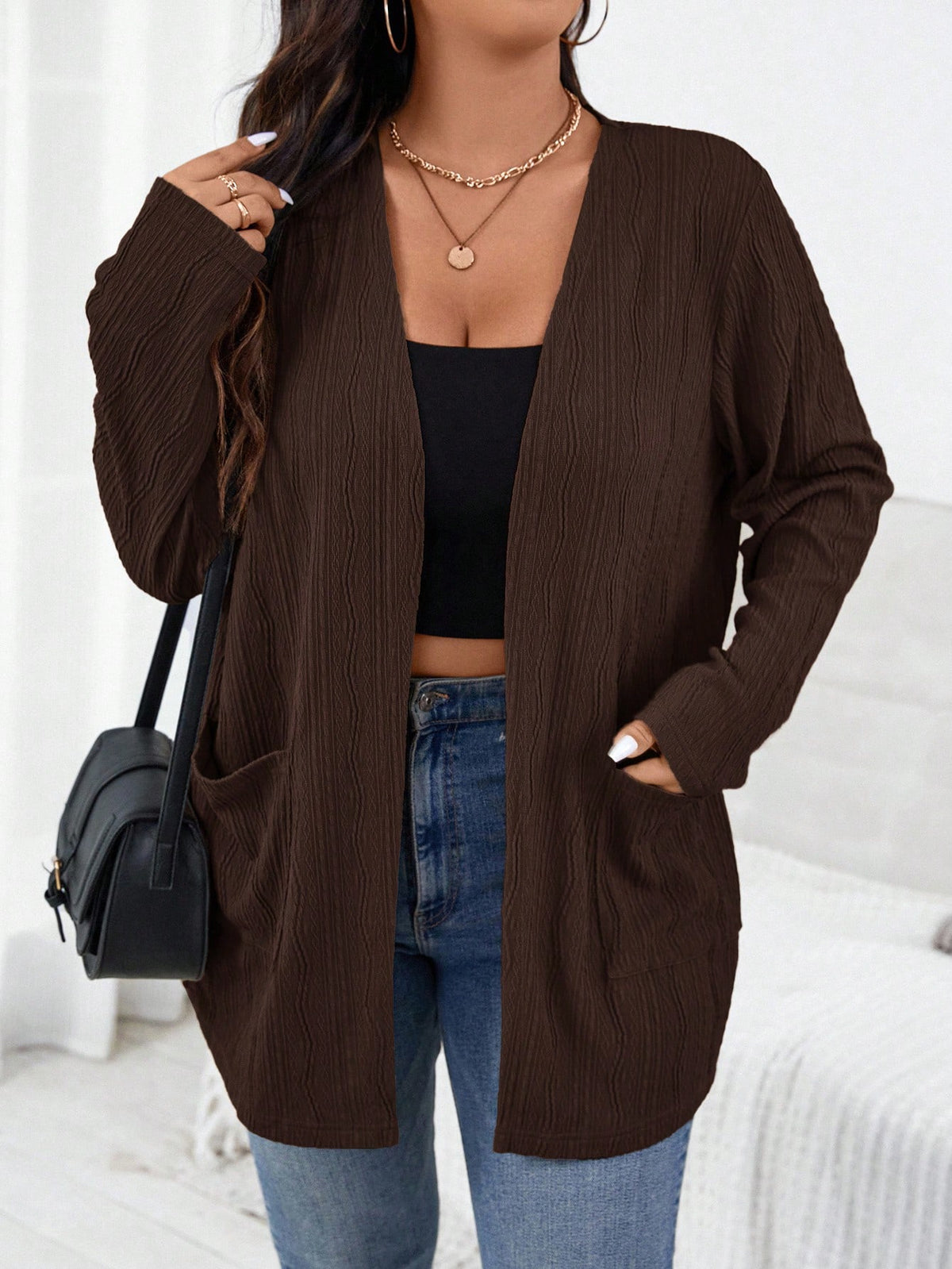 Essnce Plus Size Women's Elegant Jacquard Cardigan Jacket, Long Sleeve, 2 Pockets, Business Casual, Autumn/Winter Fall