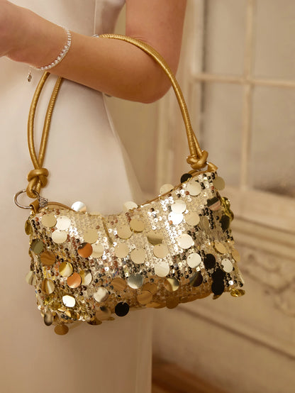 Etoivie 1pc Gold-Tone Glittery Crescent Moon Shape PVC Shoulder Bag For Women, Gold Bag