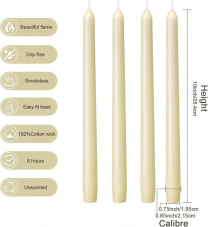 Everymoment Ivory Taper Candles- 4 Pack 10 Inch Candlesticks- Dripless &Amp; Smokeless Tapered Candle 8 Hours Unscented Cream Candle Sticks- Perfect For Wedding Holiday Dinner Party Home Decor