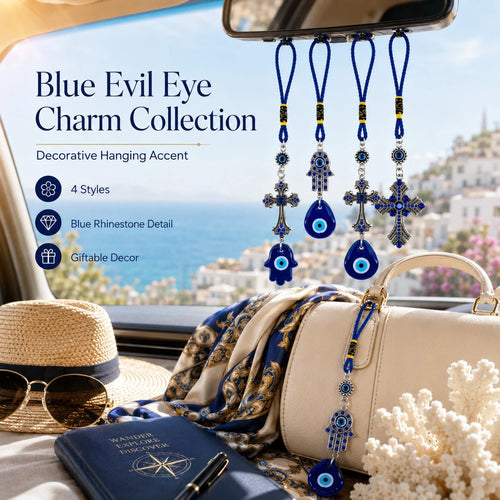 Evil Eye Car Charm Hanging Ornament, Blue Hamsa Hand Cross Nazar Pendant, Rearview Mirror Accessories, Protection Good Luck Amulet Car Interior Decor Gift
