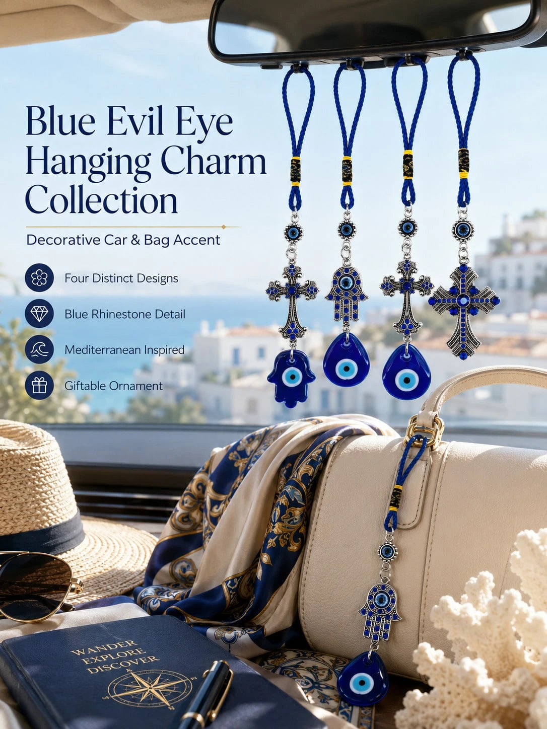Evil Eye Car Charm Hanging Ornament, Blue Hamsa Hand Cross Nazar Pendant, Rearview Mirror Accessories, Protection Good Luck Amulet Car Interior Decor Gift