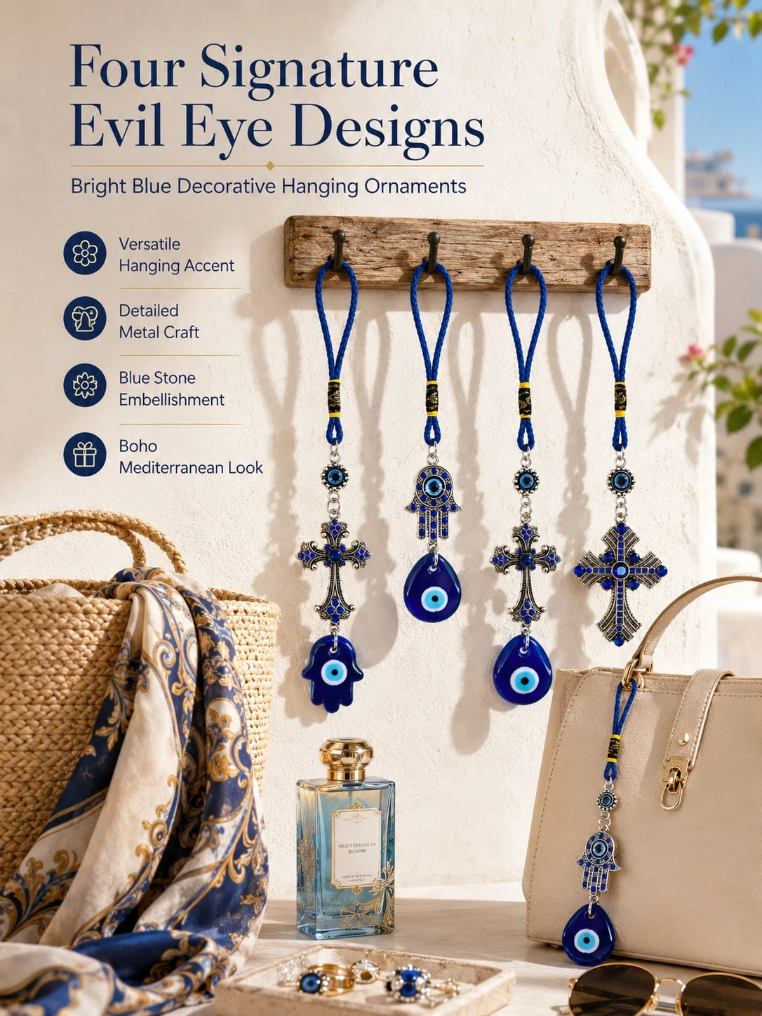 Evil Eye Car Charm Hanging Ornament, Blue Hamsa Hand Cross Nazar Pendant, Rearview Mirror Accessories, Protection Good Luck Amulet Car Interior Decor Gift