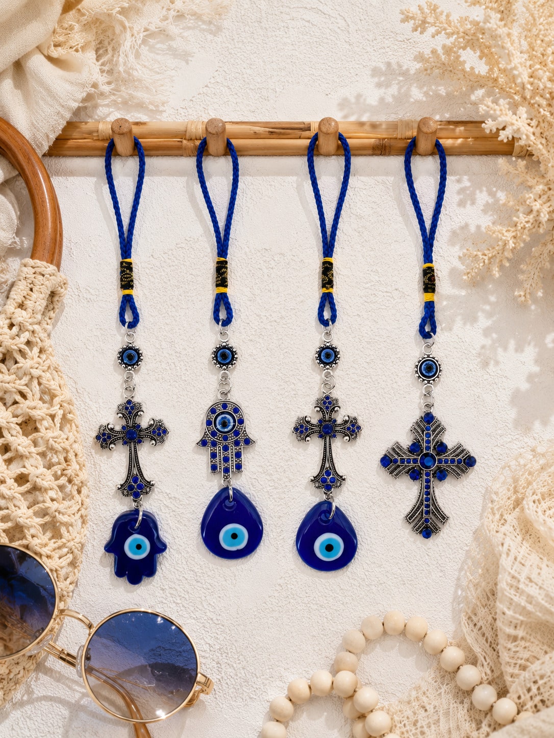 Evil Eye Car Charm Hanging Ornament, Blue Hamsa Hand Cross Nazar Pendant, Rearview Mirror Accessories, Protection Good Luck Amulet Car Interior Decor Gift