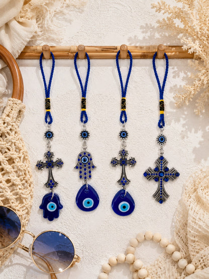 Evil Eye Car Charm Hanging Ornament, Blue Hamsa Hand Cross Nazar Pendant, Rearview Mirror Accessories, Protection Good Luck Amulet Car Interior Decor Gift