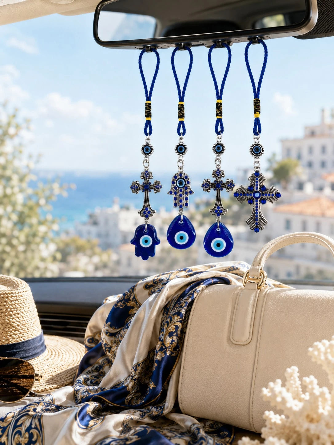 Evil Eye Car Charm Hanging Ornament, Blue Hamsa Hand Cross Nazar Pendant, Rearview Mirror Accessories, Protection Good Luck Amulet Car Interior Decor Gift