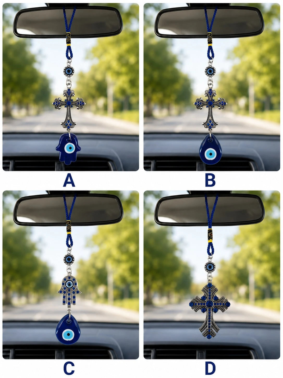 Evil Eye Car Charm Hanging Ornament, Blue Hamsa Hand Cross Nazar Pendant, Rearview Mirror Accessories, Protection Good Luck Amulet Car Interior Decor Gift