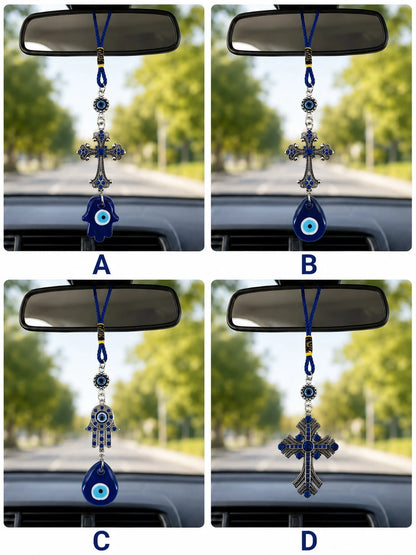 Evil Eye Car Charm Hanging Ornament, Blue Hamsa Hand Cross Nazar Pendant, Rearview Mirror Accessories, Protection Good Luck Amulet Car Interior Decor Gift