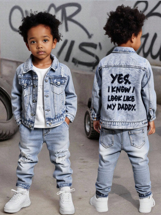 Explorewe Young Boys'2 Pieces Denim Set,Summer Collared Distressed Denim Jacket & Relaxed Straight-Leg Jeans With Elastic Waistband,Stylish Edgy Everyday Wear