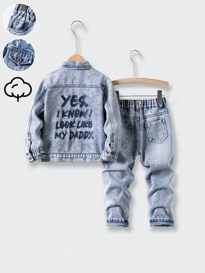 Explorewe Young Boys'2 Pieces Denim Set,Summer Collared Distressed Denim Jacket & Relaxed Straight-Leg Jeans With Elastic Waistband,Stylish Edgy Everyday Wear
