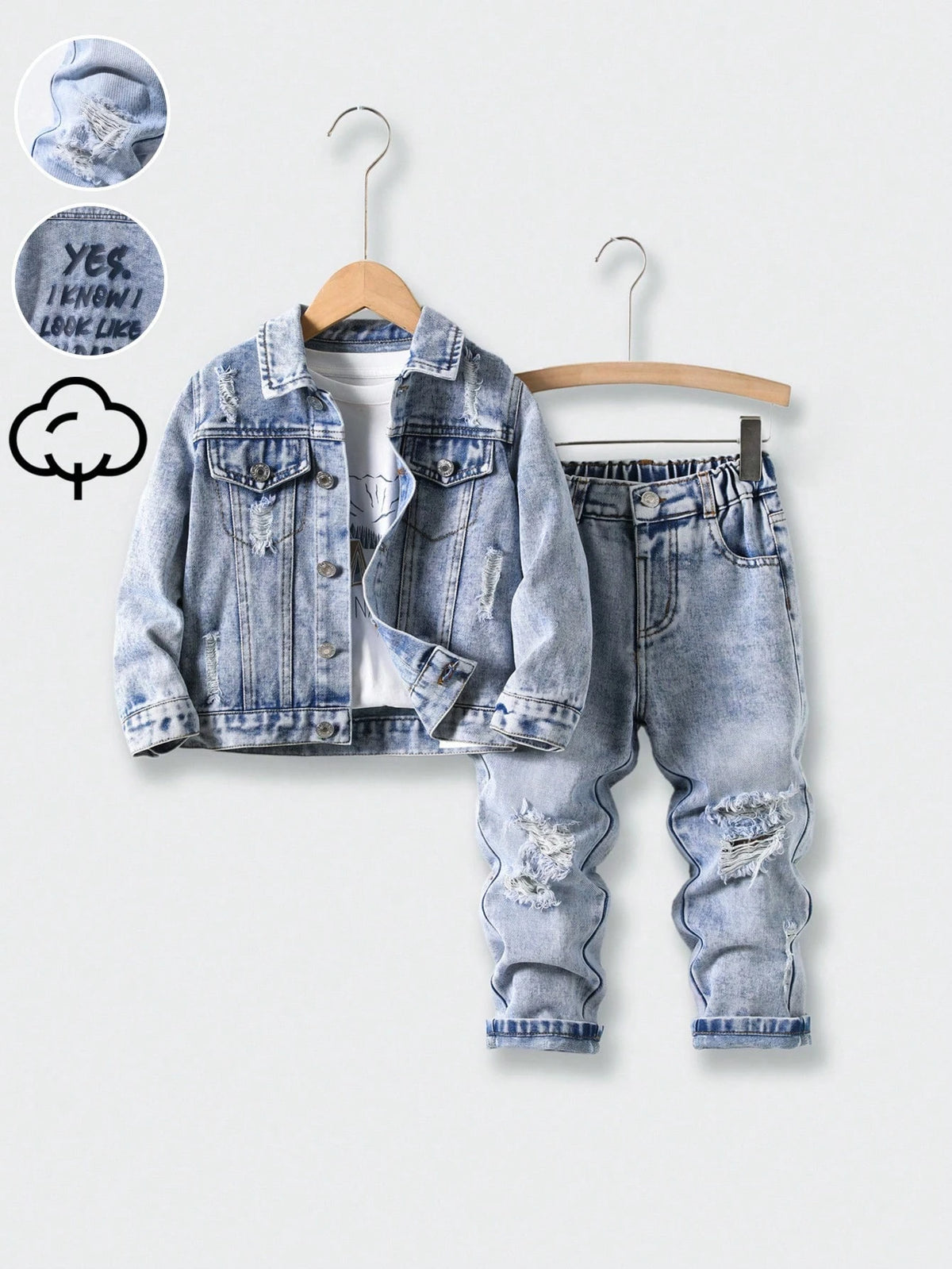 Explorewe Young Boys'2 Pieces Denim Set,Summer Collared Distressed Denim Jacket & Relaxed Straight-Leg Jeans With Elastic Waistband,Stylish Edgy Everyday Wear