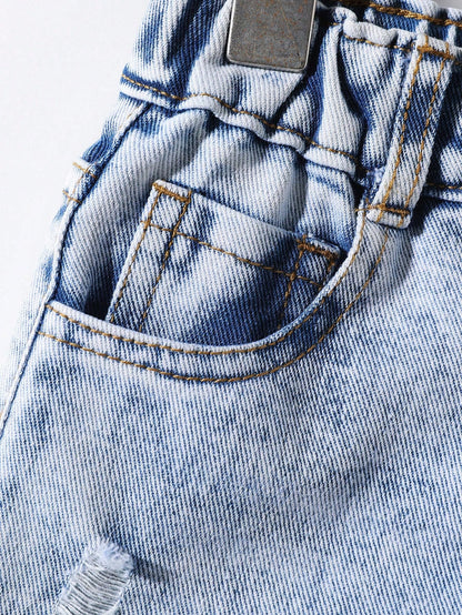 Explorewe Young Boys'2 Pieces Denim Set,Summer Collared Distressed Denim Jacket & Relaxed Straight-Leg Jeans With Elastic Waistband,Stylish Edgy Everyday Wear