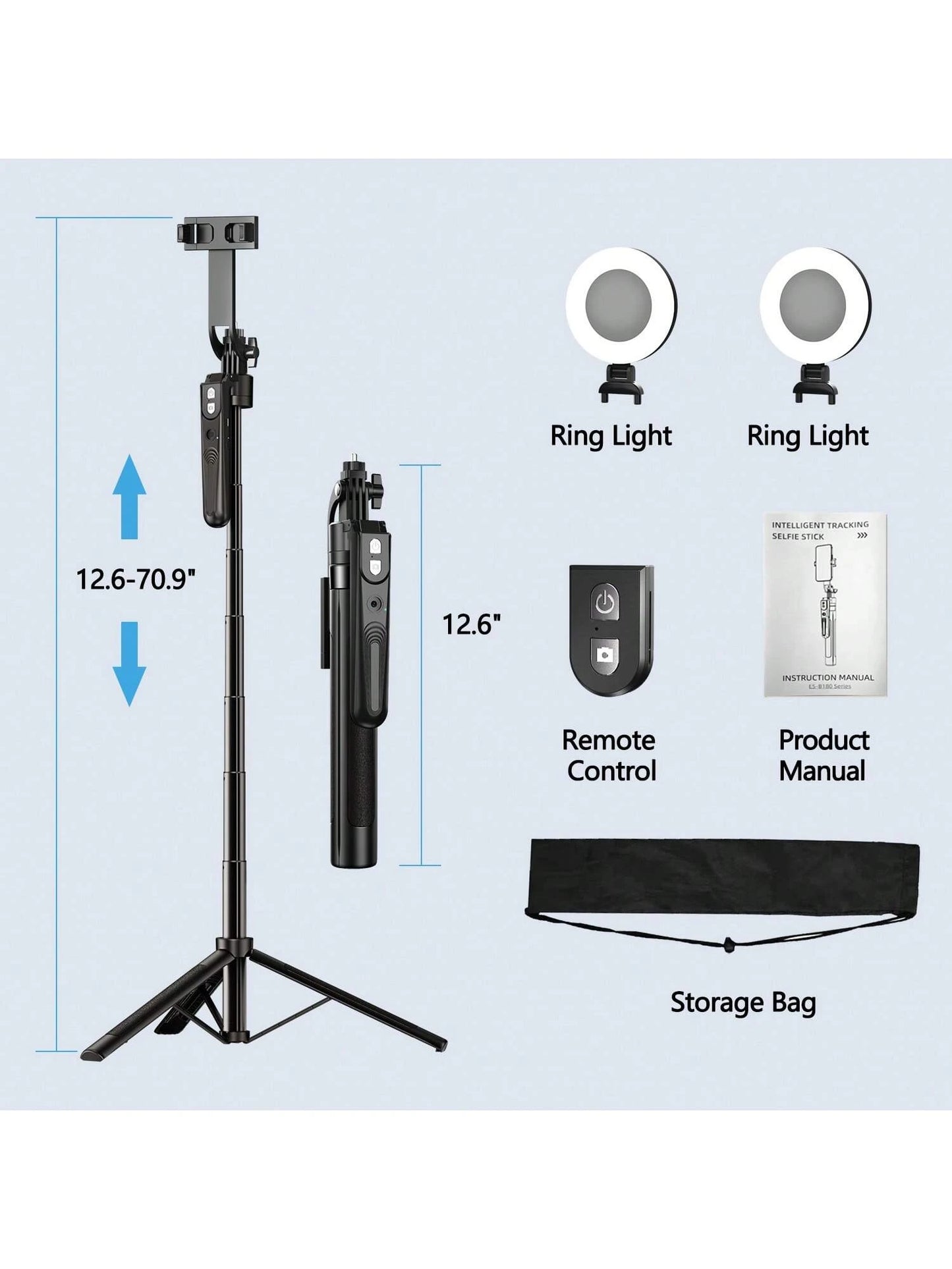 Extendable Auto Face Tracking Tripod 360° Rotation With Light, No App, 70.9" Motion Sensor Phone Tripod Stand, Face Body Phone Camera Mount Gesture Control For Vlog/Live Stream/Video Recording LED Lig