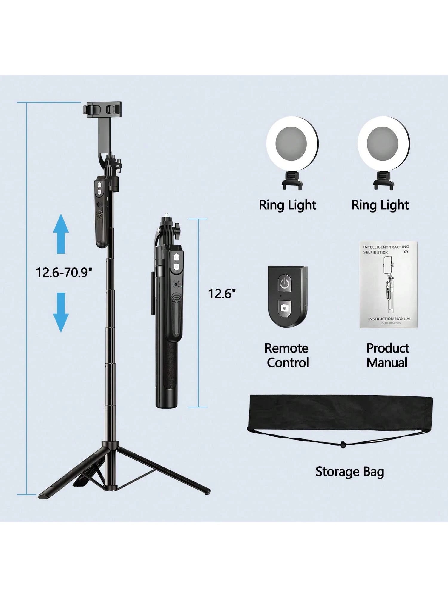 Extendable Auto Face Tracking Tripod 360° Rotation With Light, No App, 70.9" Motion Sensor Phone Tripod Stand, Face Body Phone Camera Mount Gesture Control For Vlog/Live Stream/Video Recording LED Lig