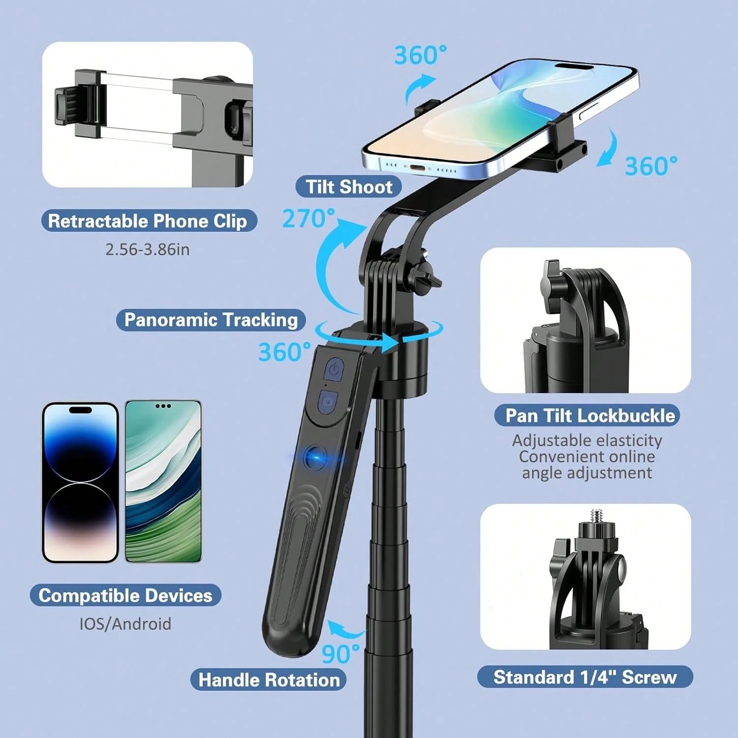 Extendable Auto Face Tracking Tripod 360° Rotation With Light, No App, 70.9" Motion Sensor Phone Tripod Stand, Face Body Phone Camera Mount Gesture Control For Vlog/Live Stream/Video Recording LED Lig