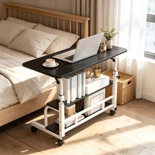 Extra Large 3-Tier Rolling Office Computer Desk, Mobile Laptop Cart With Double-Layer Storage Shelf, Rolling Sofa Side Table, With Locking Swivel Casters, Metal Frame, Space-Saving Portable Workstatio
