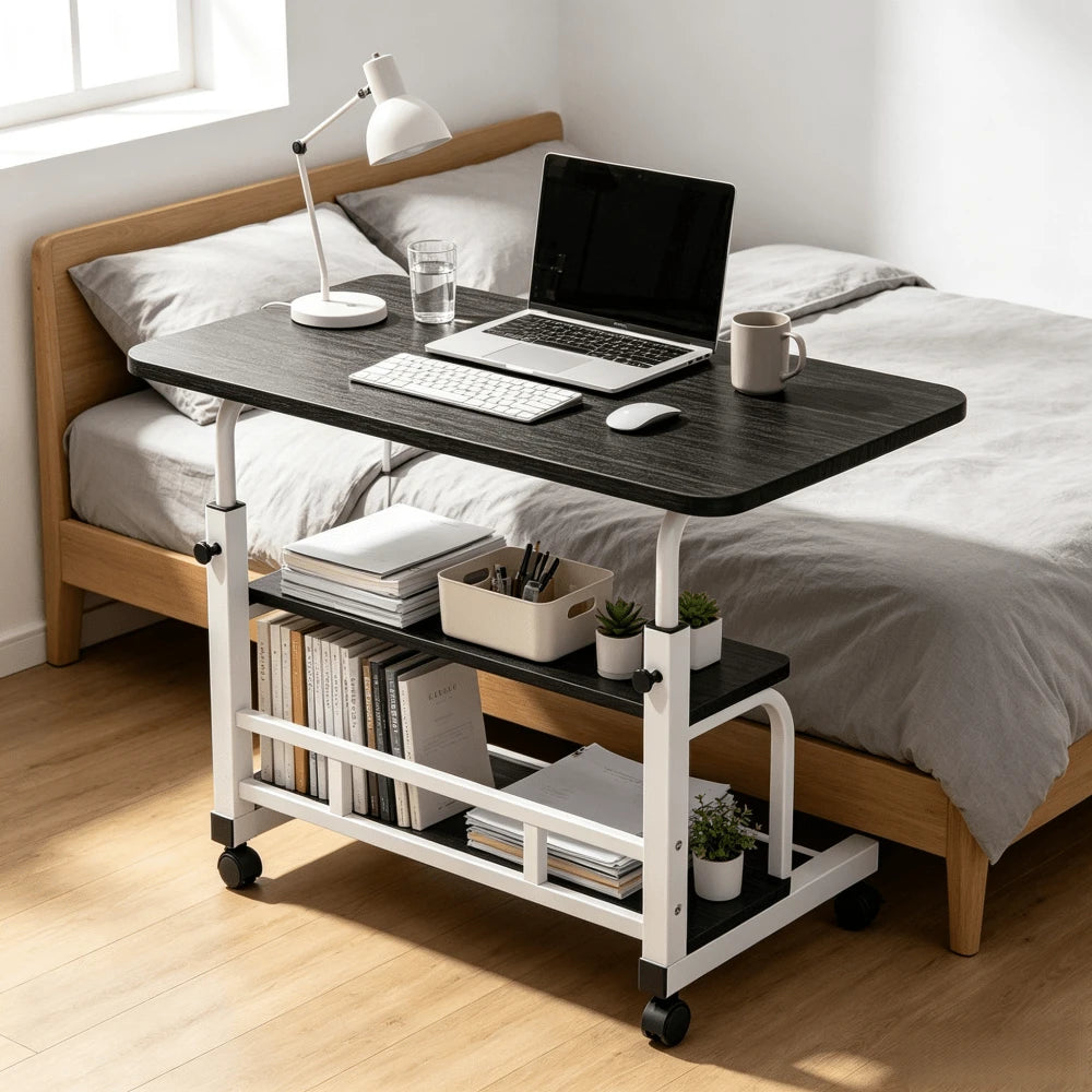 Extra Large 3-Tier Rolling Office Computer Desk, Mobile Laptop Cart With Double-Layer Storage Shelf, Rolling Sofa Side Table, With Locking Swivel Casters, Metal Frame, Space-Saving Portable Workstatio
