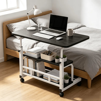 Extra Large 3-Tier Rolling Office Computer Desk, Mobile Laptop Cart With Double-Layer Storage Shelf, Rolling Sofa Side Table, With Locking Swivel Casters, Metal Frame, Space-Saving Portable Workstatio