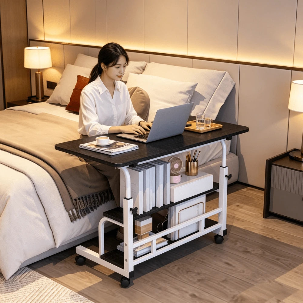 Extra Large 3-Tier Rolling Office Computer Desk, Mobile Laptop Cart With Double-Layer Storage Shelf, Rolling Sofa Side Table, With Locking Swivel Casters, Metal Frame, Space-Saving Portable Workstatio
