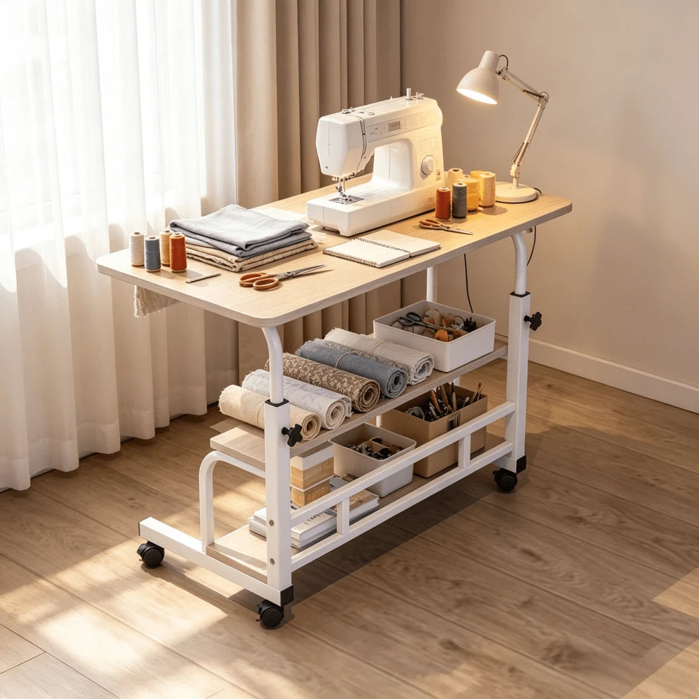 Extra Large 3-Tier Rolling Office Computer Desk, Mobile Laptop Cart With Double-Layer Storage Shelf, Rolling Sofa Side Table, With Locking Swivel Casters, Metal Frame, Space-Saving Portable Workstatio