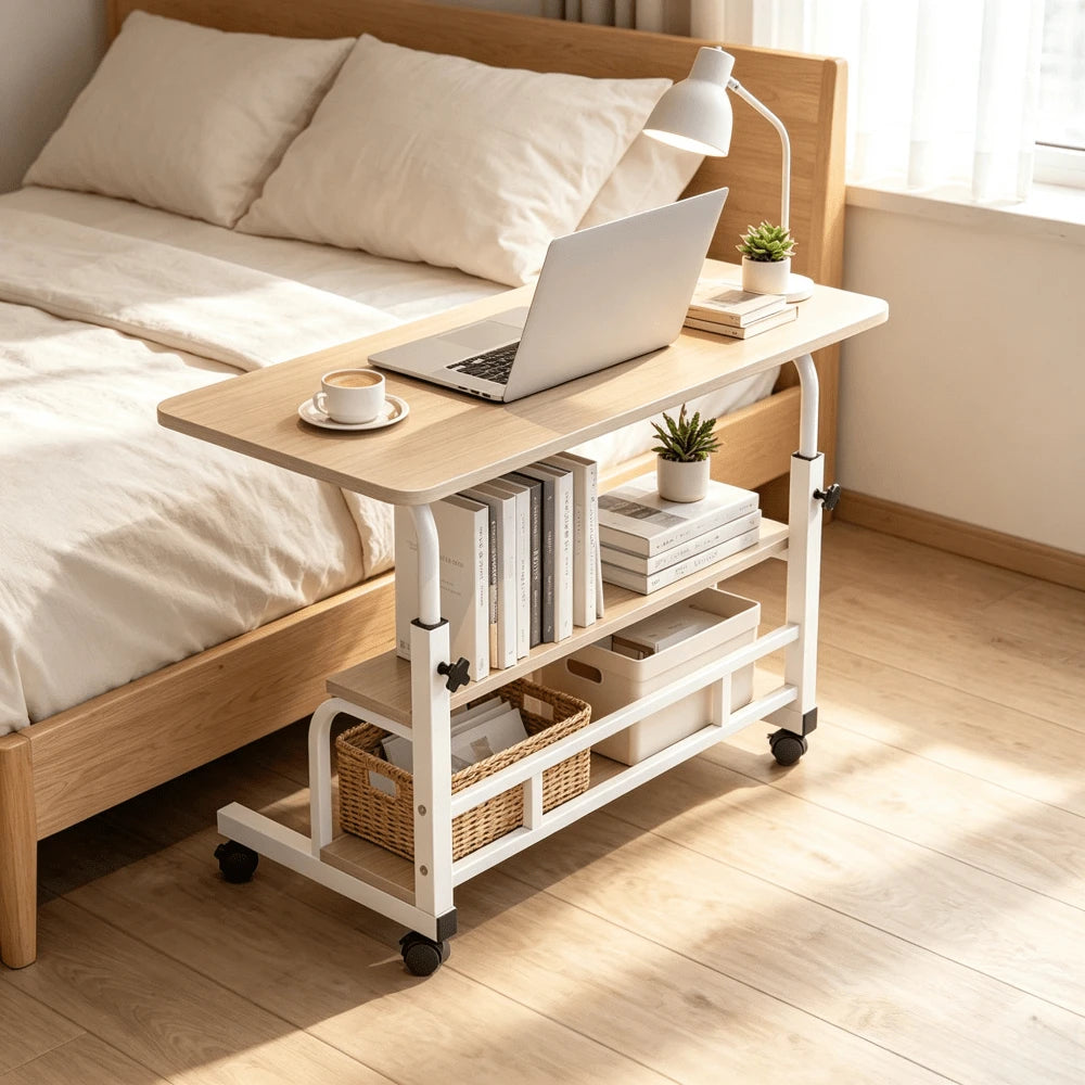 Extra Large 3-Tier Rolling Office Computer Desk, Mobile Laptop Cart With Double-Layer Storage Shelf, Rolling Sofa Side Table, With Locking Swivel Casters, Metal Frame, Space-Saving Portable Workstatio
