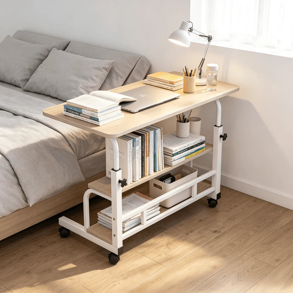 Extra Large 3-Tier Rolling Office Computer Desk, Mobile Laptop Cart With Double-Layer Storage Shelf, Rolling Sofa Side Table, With Locking Swivel Casters, Metal Frame, Space-Saving Portable Workstatio