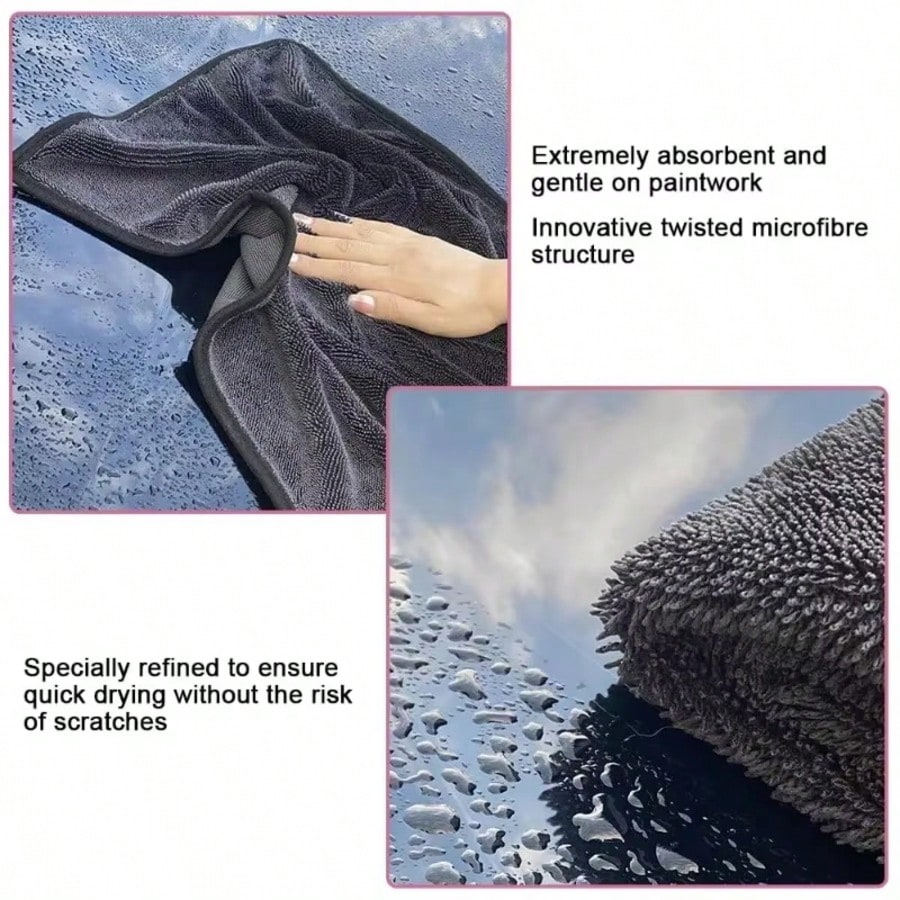 Extra Large Car Cleaning Towel, Super Soft Microfiber Polishing Cloth, Super Absorbent Quick Dry, Lint-Free, Edged Yarn Twist Craft, Professional Car Care Drying Towel, Size 24x35 Inches/60x90 Cm, Dar