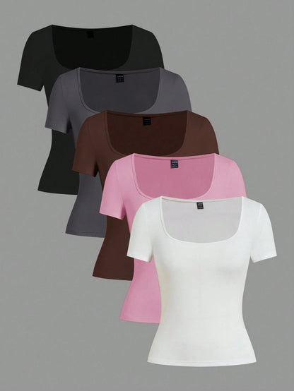 EZwear 5pcs/Set Assorted Color Knit Women T-Shirts