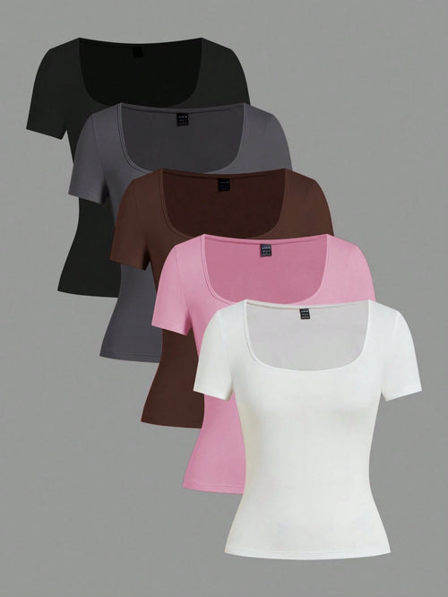 EZwear 5pcs/Set Assorted Color Knit Women T-Shirts