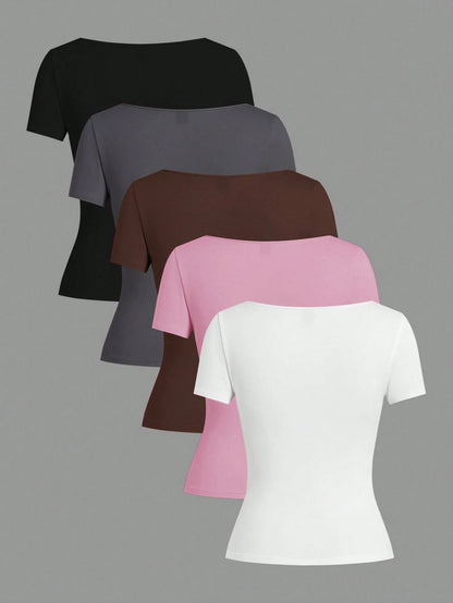 EZwear 5pcs/Set Assorted Color Knit Women T-Shirts
