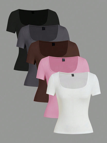 EZwear 5pcs/Set Assorted Color Knit Women T-Shirts