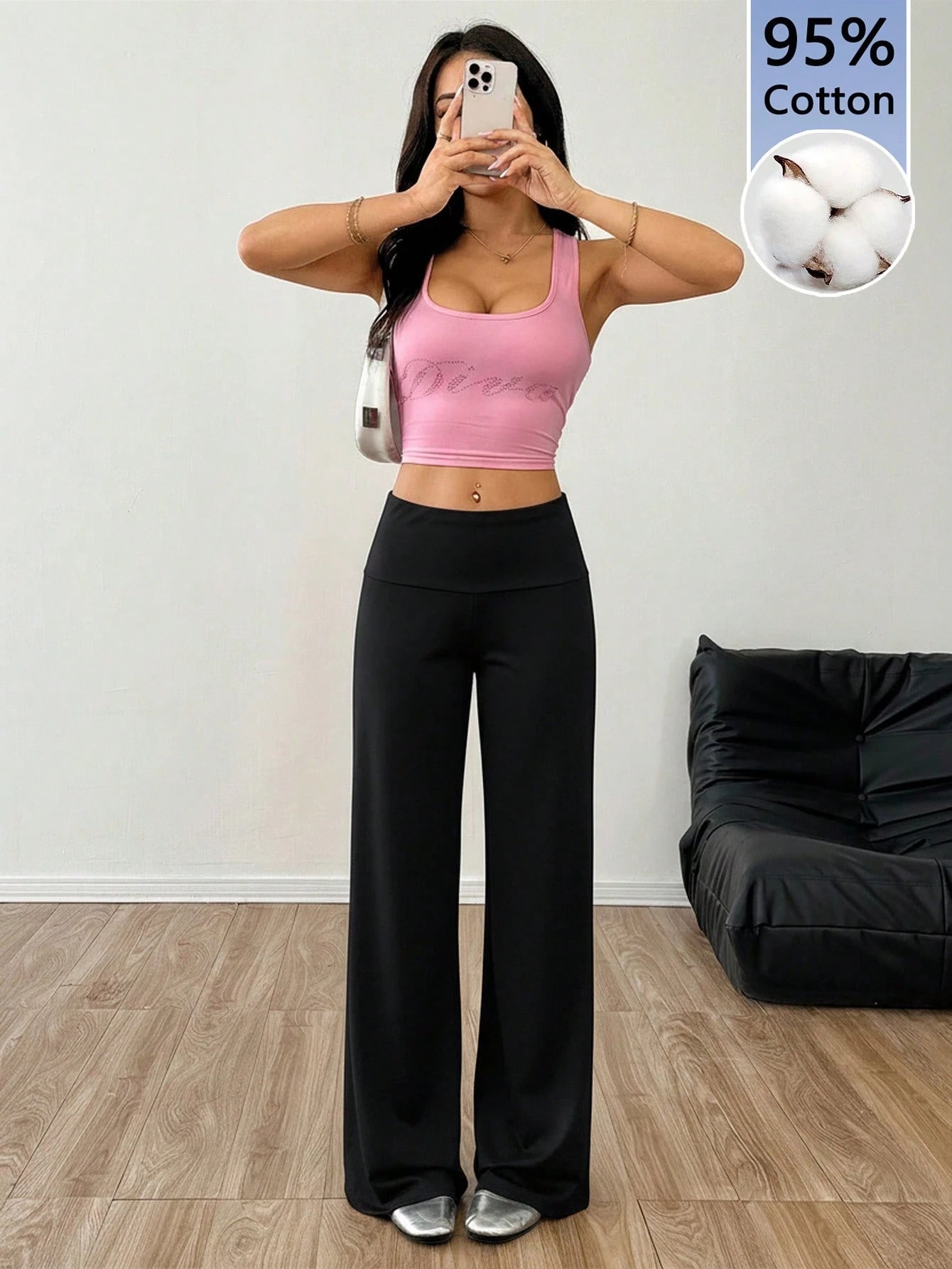 EZwear Black High Waist Wide Leg Loose Casual Pants