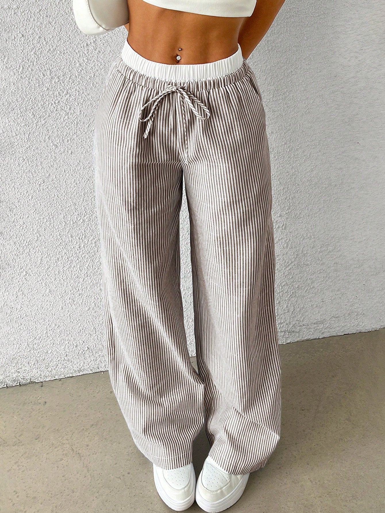 EZwear Brown Striped Women's Woven Casual Pants, Spring/Summer
