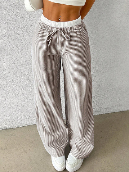 EZwear Brown Striped Women's Woven Casual Pants, Spring/Summer