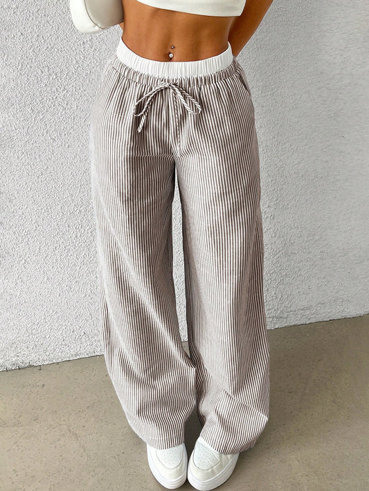 EZwear Brown Striped Women's Woven Casual Pants, Spring/Summer