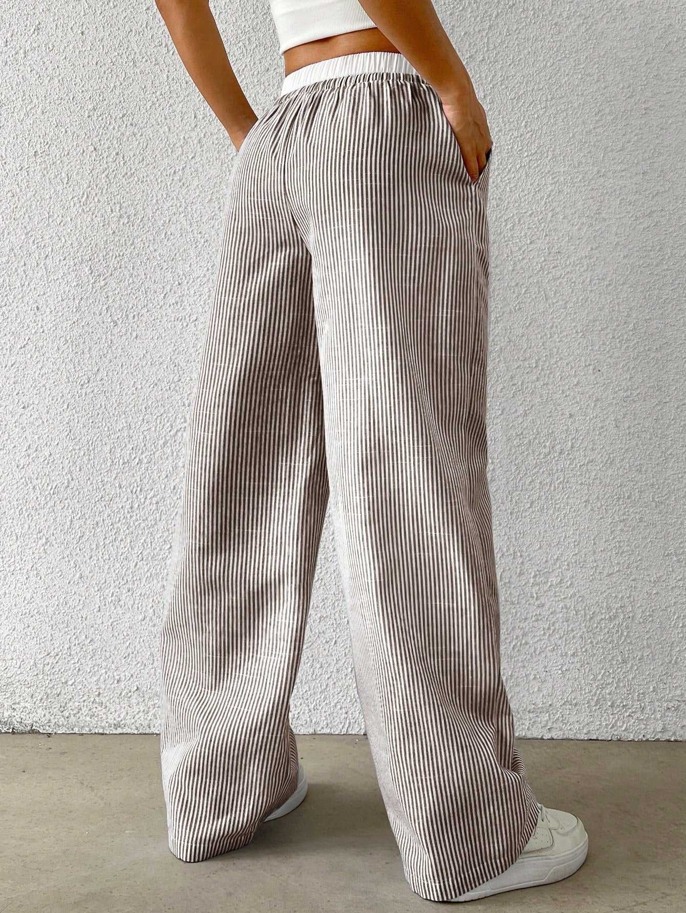 EZwear Brown Striped Women's Woven Casual Pants, Spring/Summer