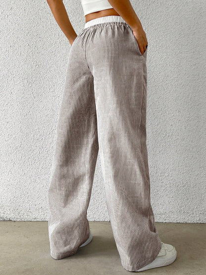 EZwear Brown Striped Women's Woven Casual Pants, Spring/Summer