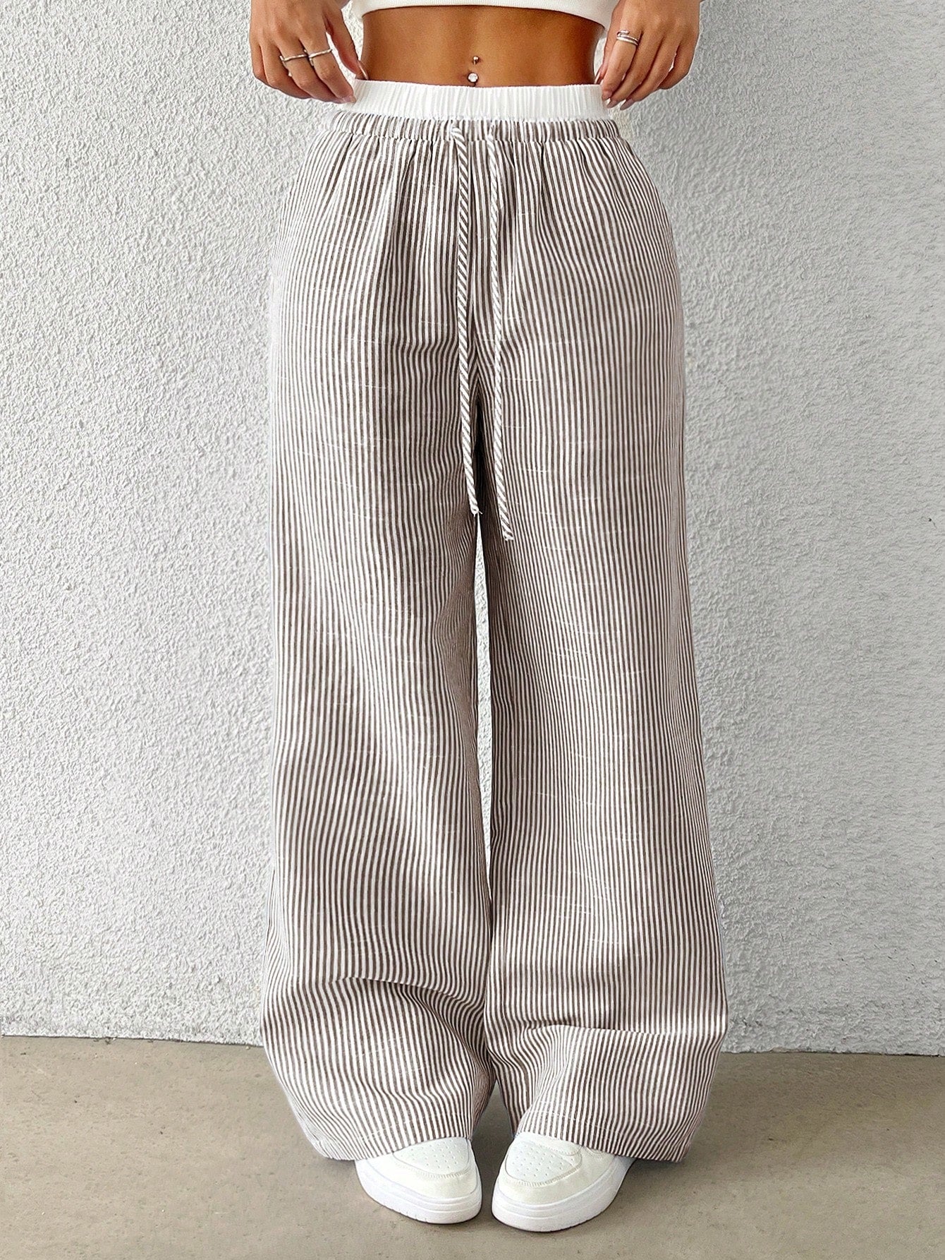 EZwear Brown Striped Women's Woven Casual Pants, Spring/Summer