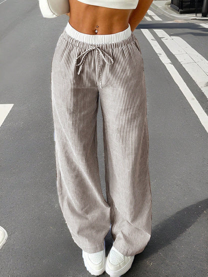 EZwear Brown Striped Women's Woven Casual Pants, Spring/Summer