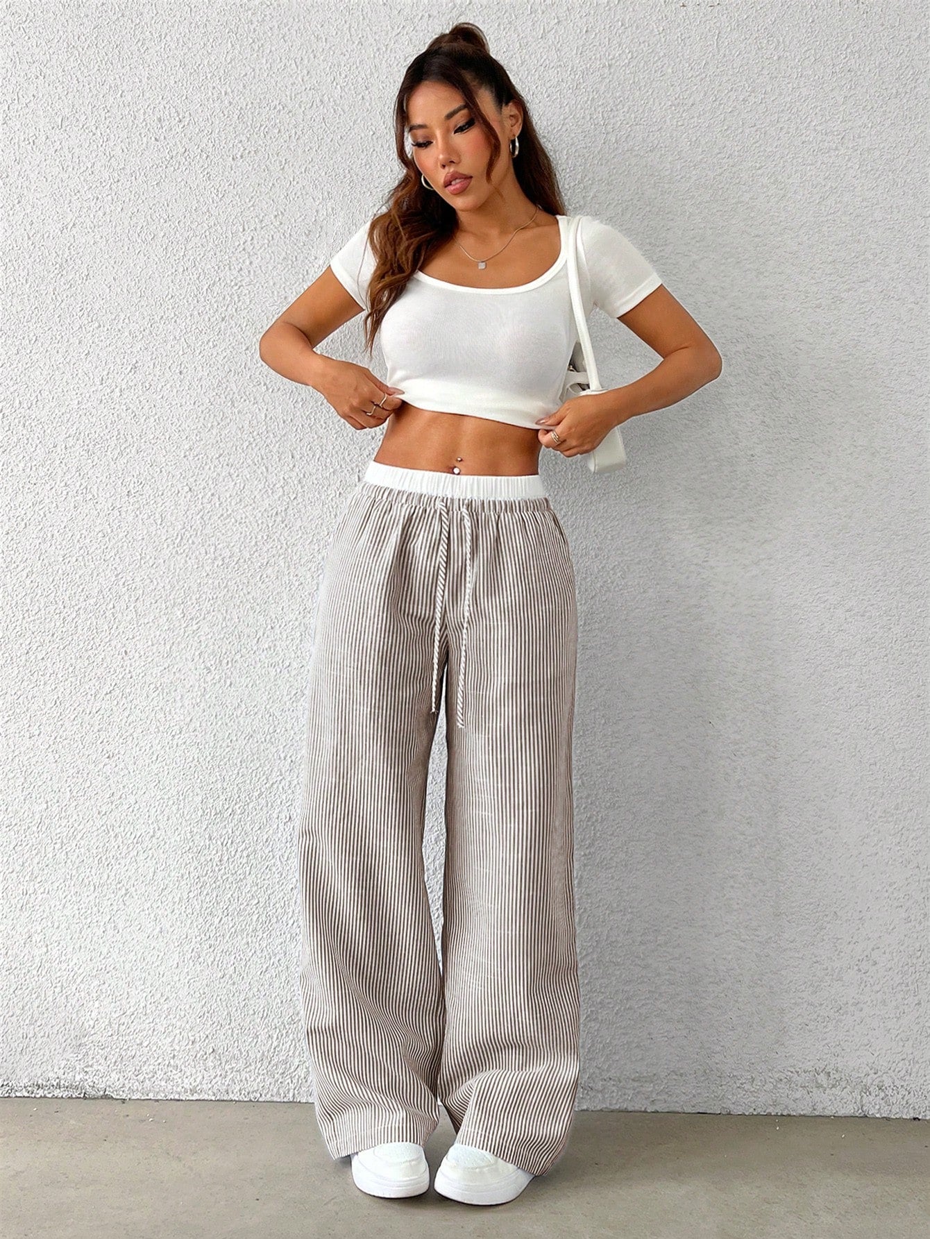 EZwear Brown Striped Women's Woven Casual Pants, Spring/Summer