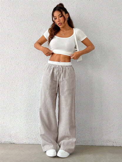 EZwear Brown Striped Women's Woven Casual Pants, Spring/Summer
