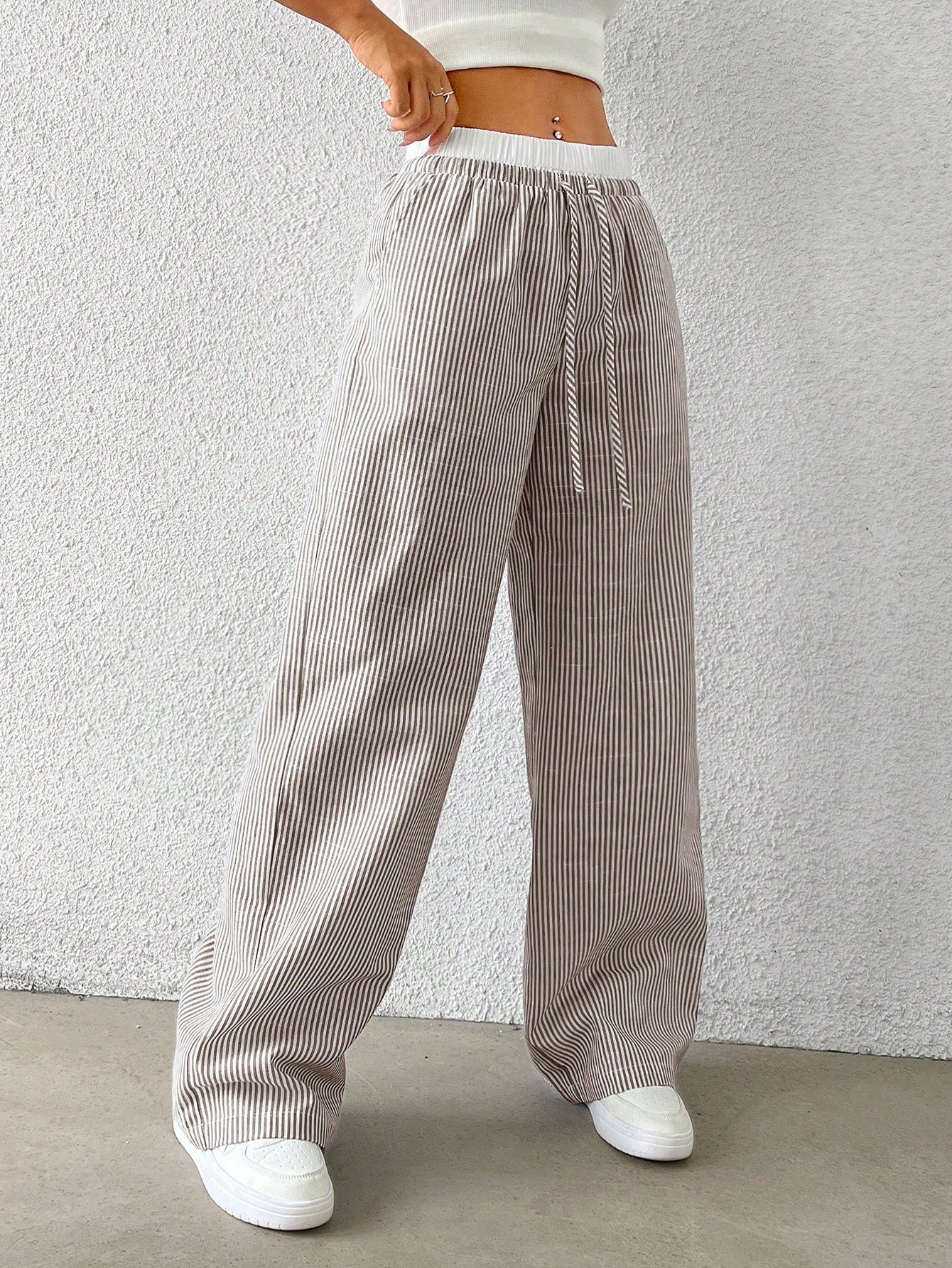EZwear Brown Striped Women's Woven Casual Pants, Spring/Summer