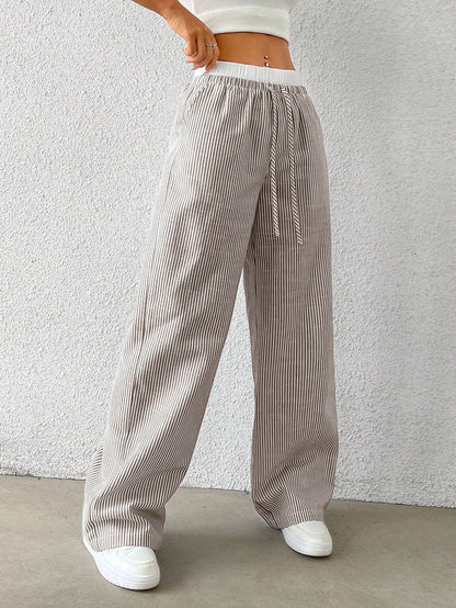 EZwear Brown Striped Women's Woven Casual Pants, Spring/Summer